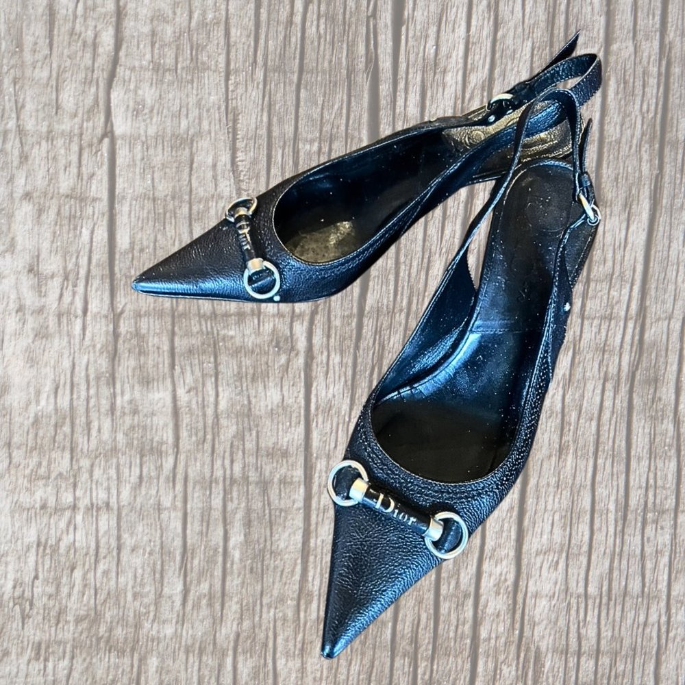 DIOR Black Strappy Leather Pointy 2" Heels - Vintage - Brass Accents. 37.5 NICE!